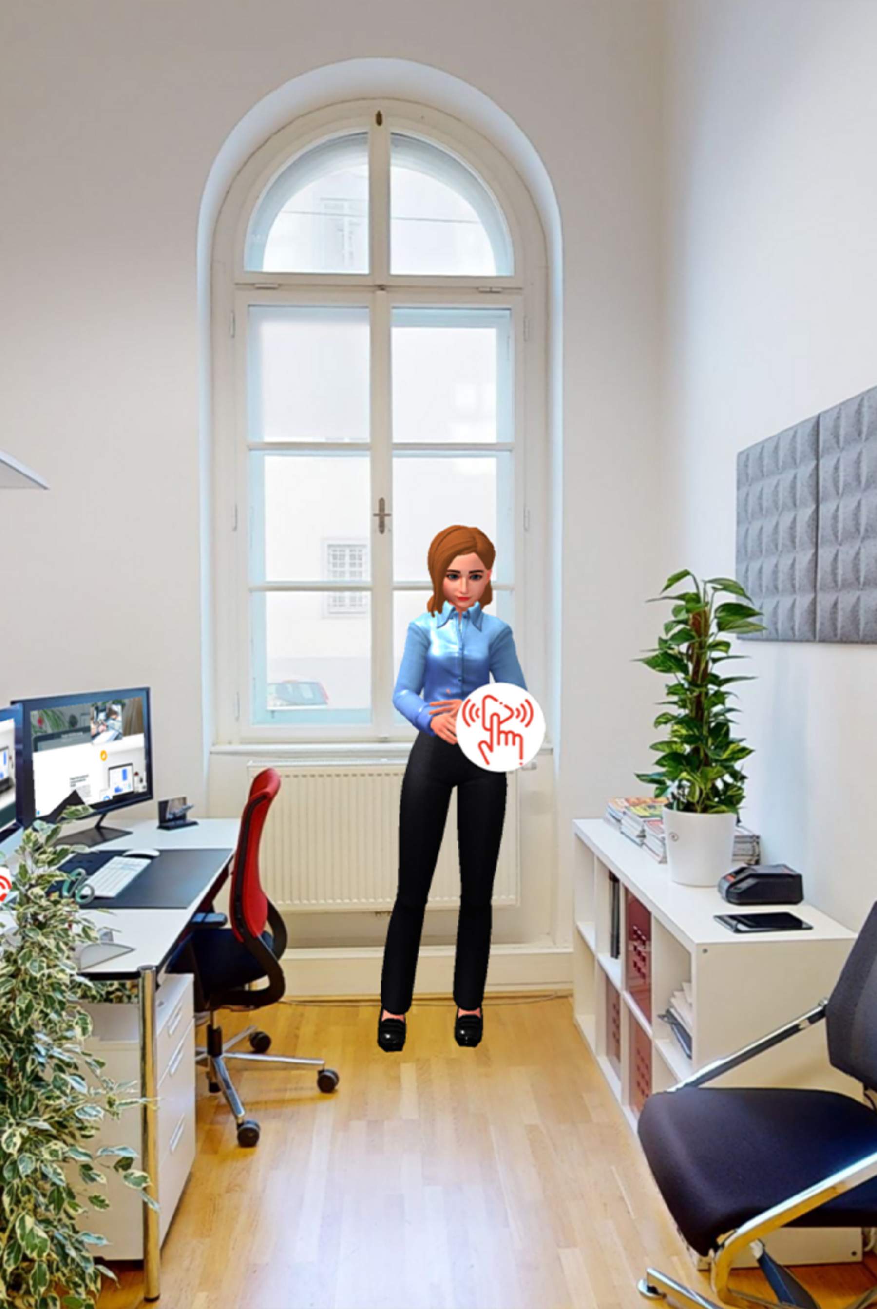 Digitale Darstellung eines Arbeitplatzes im 3D Rundgang der Firma chiliSCHARF mit erklärenden Avatar